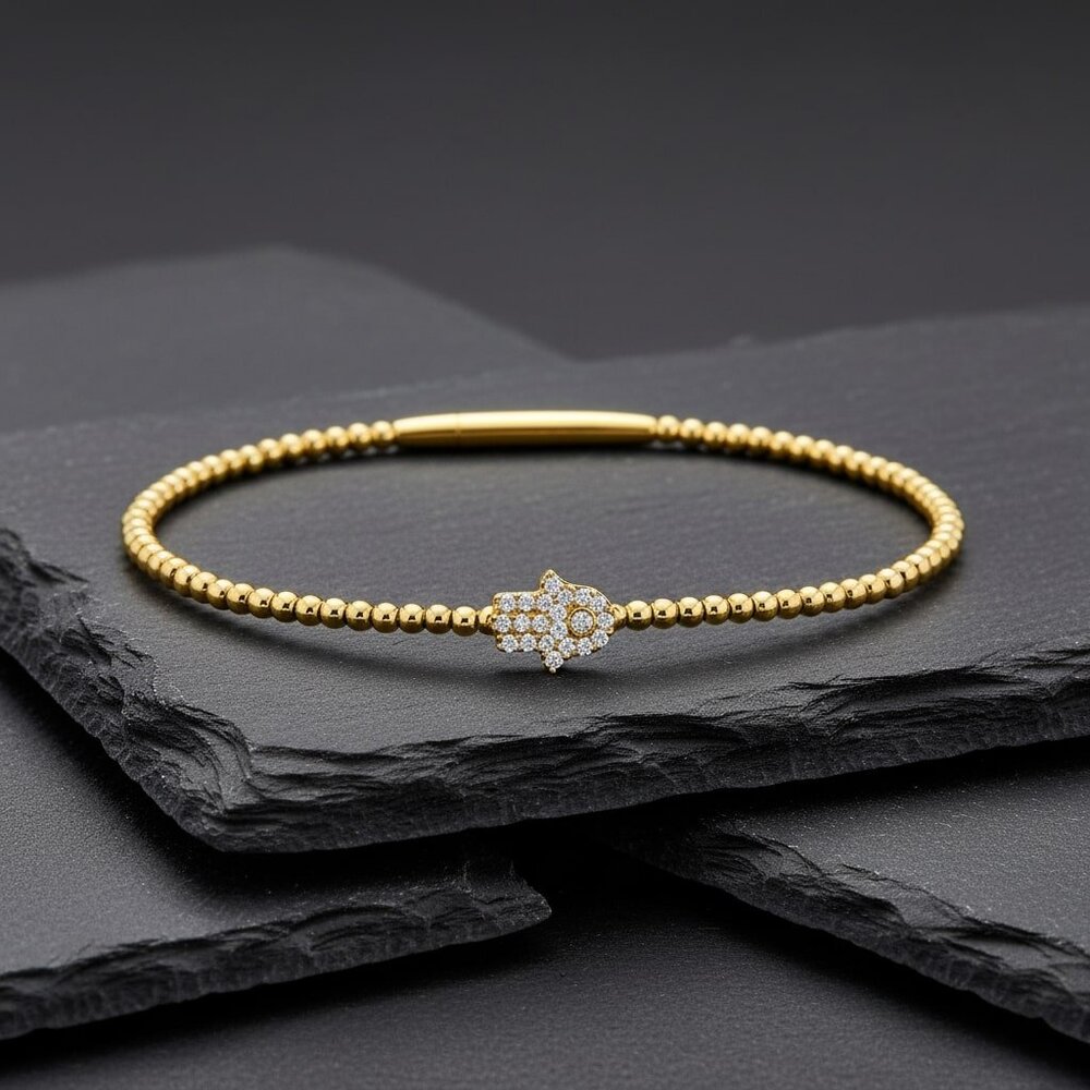 Diamond Hamsa Charm 14K (or 18k upon request) Gold Beaded Bracelet